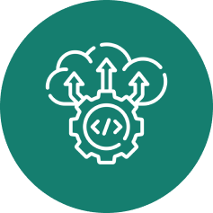 Icon of a gear with code brackets and arrows pointing to a cloud above, symbolizing cloud computing.