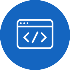 White coding symbol with angled brackets inside a browser window icon on blue circle background.