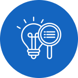 White light bulb with magnifying glass highlighting lines on a blue circular background.