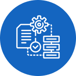 Icon showing a document, gear, checkmark, and database connected by dotted lines in a blue circle.