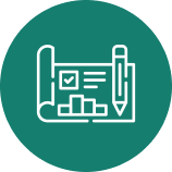 Blueprint with bar chart, checkmark, text lines, and pen icon on green circular background.