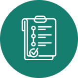 White checklist icon with checkmark on teal circular background.