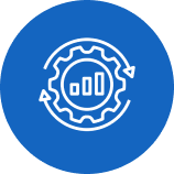Gear with bar chart inside and circular arrows around it on blue background symbolizing process optimization.