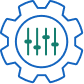 Blue gear surrounding five vertical sliders representing settings or controls.