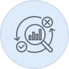 Circle icon with a magnifying glass analyzing a bar chart, with checkmark and cross symbols.