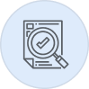 Magnifying glass over a document with a checkmark in a blue circle background.