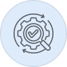 Magnifying glass with a checkmark over a gear, representing quality control or inspection.
