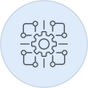 Icon of a central gear connected by lines to six outer nodes inside a light blue circle.