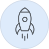 Icon of a rocket ship launching with smoke trails inside a light blue circle.