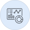 Icon of a dashboard with graphs, charts, and a magnifying glass in a blue circle.
