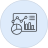 Icon of a dashboard showing charts, graphs, and data analysis elements.