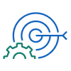Blue target with an arrow in the center and green gear symbol in front representing goal achievement.