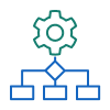 Blue organizational chart with a black gear icon above it on a white background.