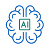 Blue line art of a brain with AI symbol in the center, representing artificial intelligence.