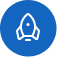 White rocket ship icon inside a blue circle.