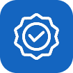 White badge with a checkmark inside on a blue rounded square background.