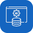 White AI icon with data stack inside a browser window on a blue rounded square background.