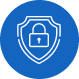 White shield with a padlock icon inside on a blue circular background symbolizing security.