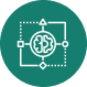 Icon of a brain connected to nodes and arrows representing artificial intelligence and data flow.