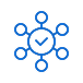 Blue network diagram with a central clock icon connected to six surrounding nodes.