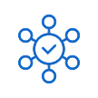 Central circle with a check mark connected to seven smaller circles around it in blue.
