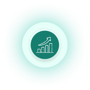 Icon of a bar chart with an arrow indicating upward growth inside concentric circles.