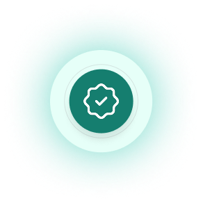 White badge with a checkmark inside a green circle on a teal background.