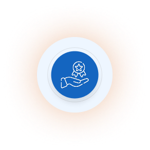 Hand holding a star medal icon in a blue circle with white and light blue concentric rings.