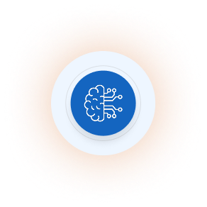Circular icon of a half brain and half circuit board symbol on a blue background.