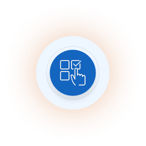 Blue circular icon with a hand clicking a checklist box with checkmarks inside squares.