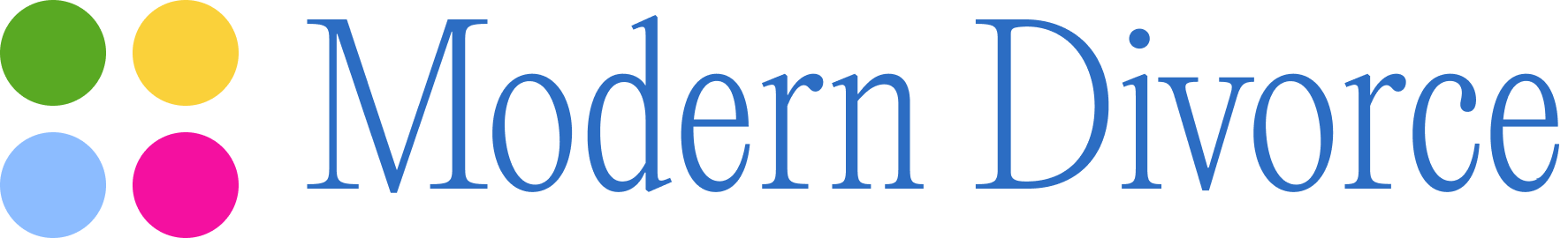 Logo with four colored circles in green, yellow, blue, and pink next to the text Modern Divorce in blue serif font.