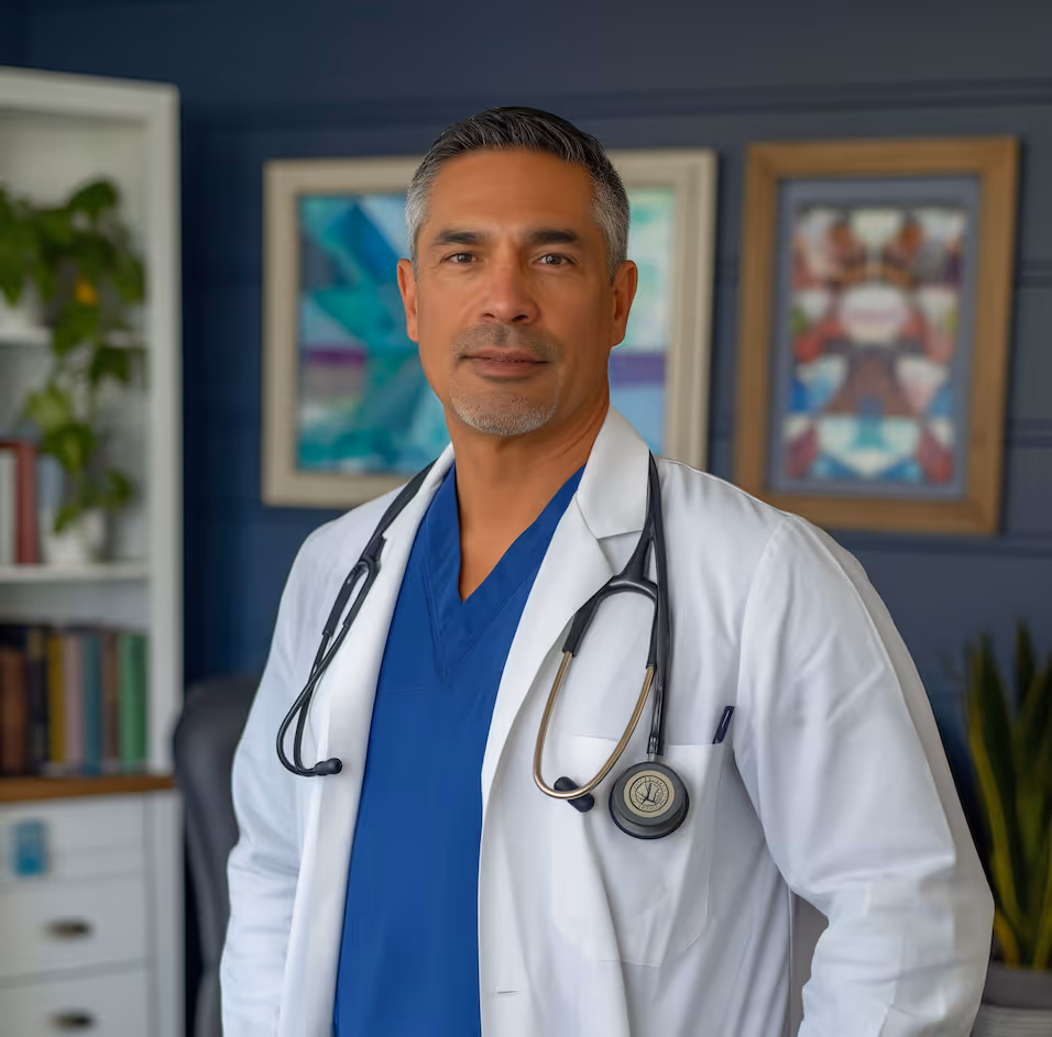 Male doctor in blue scrubs and white coat with stethoscope around his neck standing in an office.