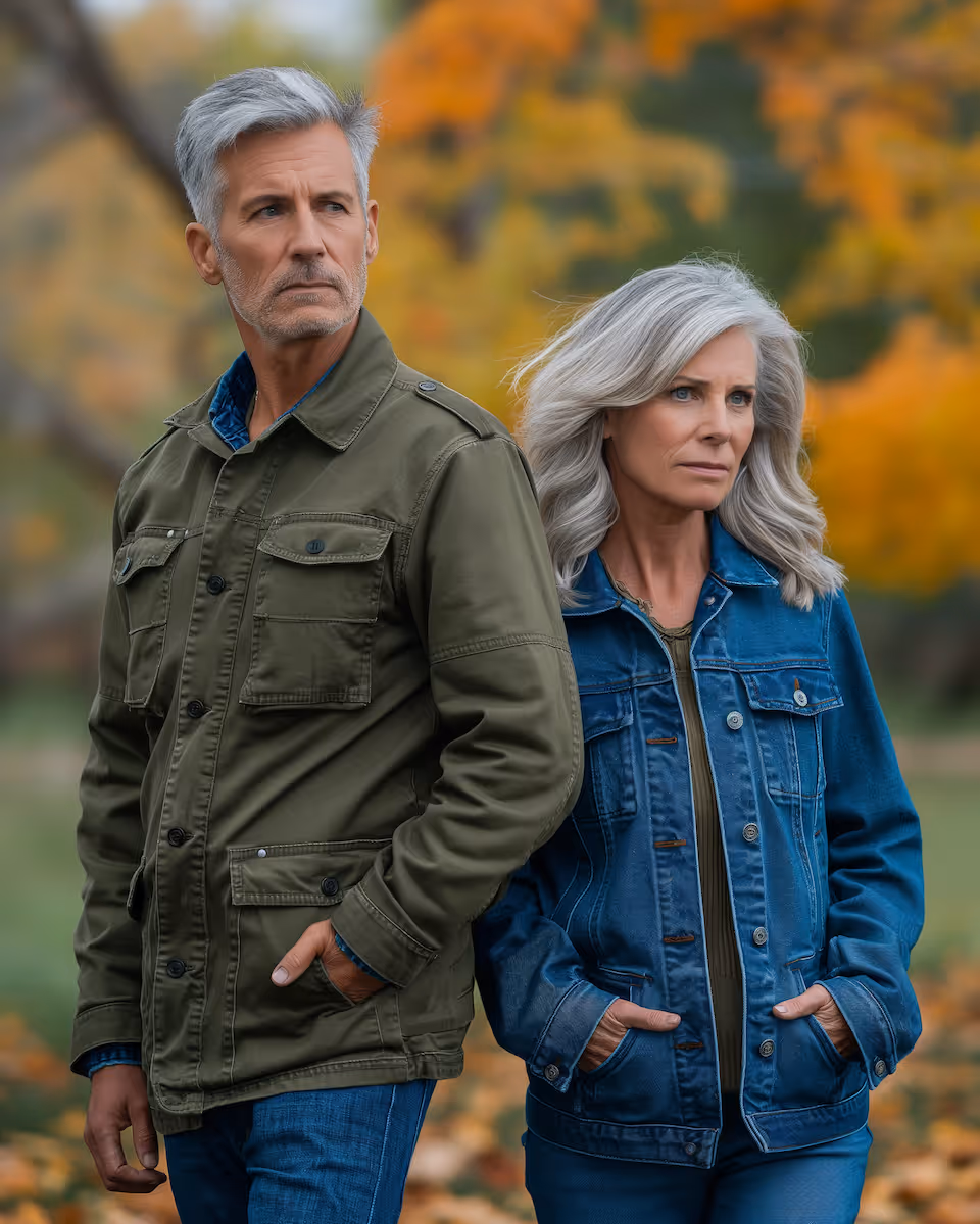 Mature man and woman with gray hair standing back-to-back outdoors with autumn foliage in the background.