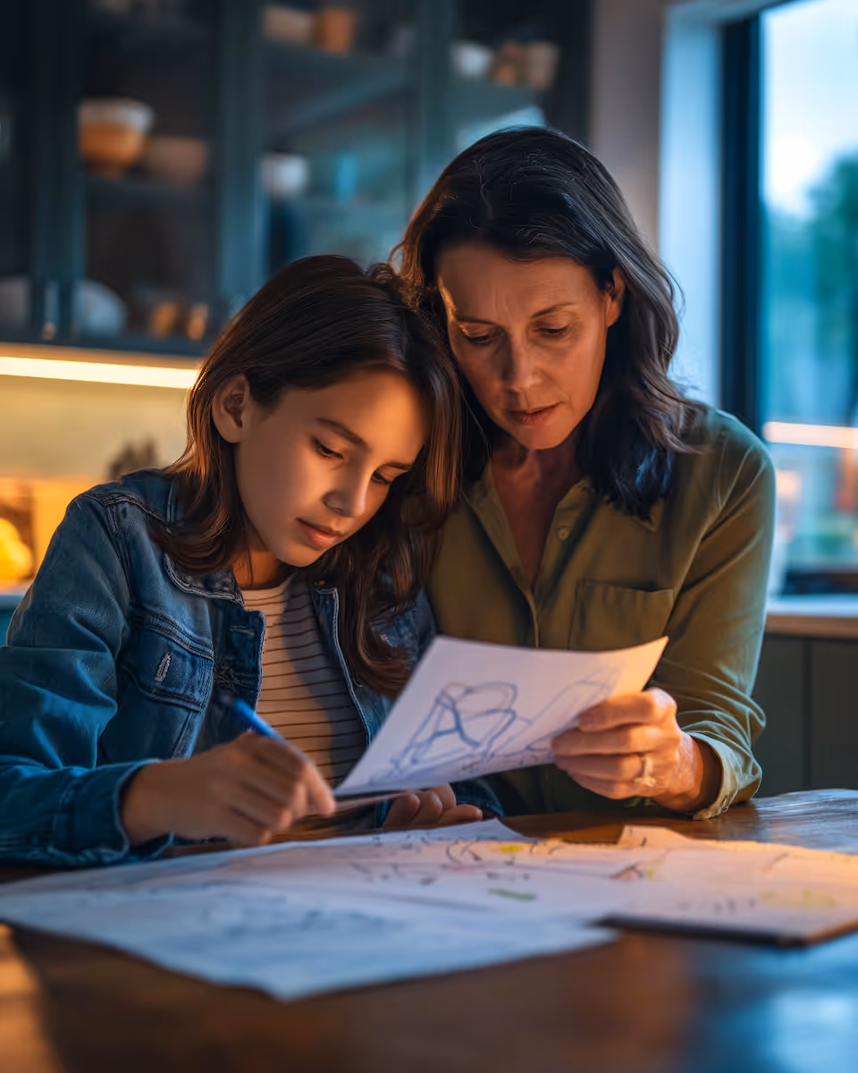 A woman and a girl closely reviewing and drawing on papers together at a wooden table in a warmly lit room.