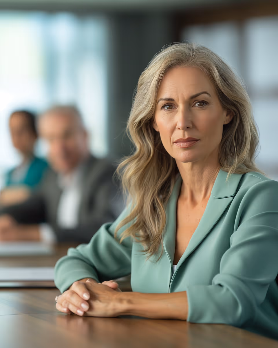Confident mature woman with gray hair in a green blazer sitting at a conference table with two blurred colleagues in the background.