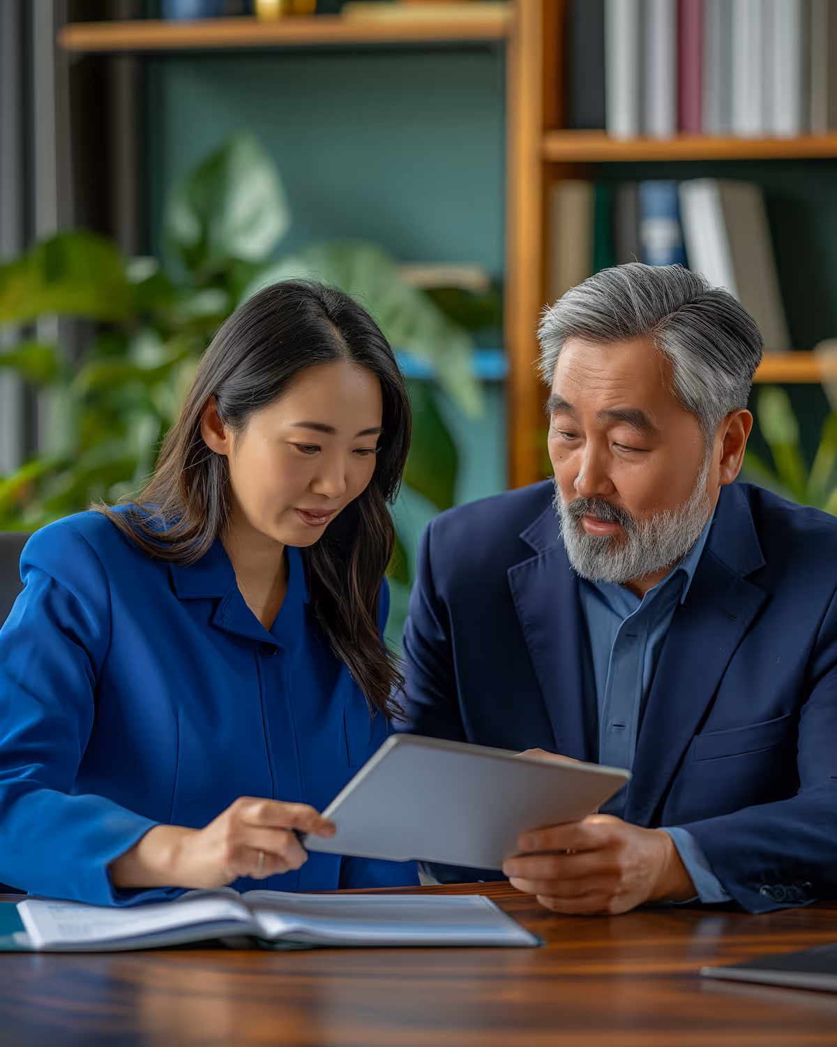Two business professionals, a woman and a man, reviewing documents together with a tablet in a modern office.
