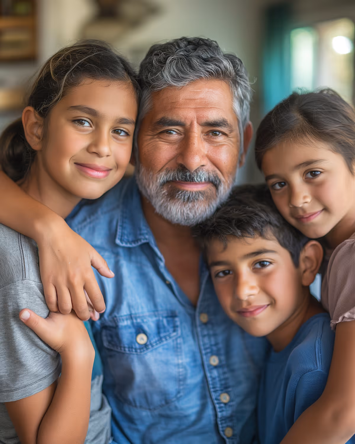 Smiling father with gray hair and beard embracing three happy children close together indoors.