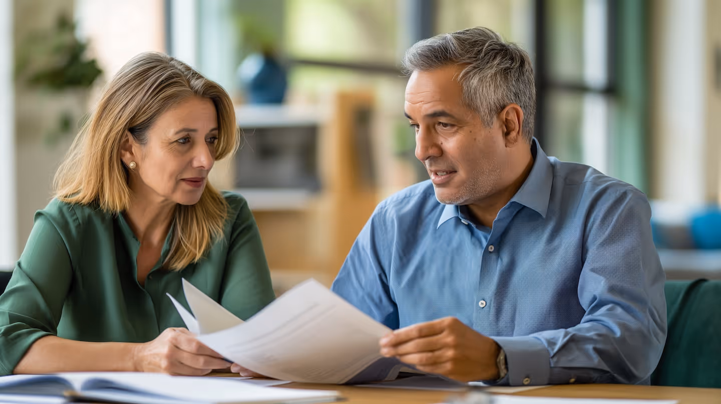 Middle-aged man and woman discussing documents at a table in a bright office.
