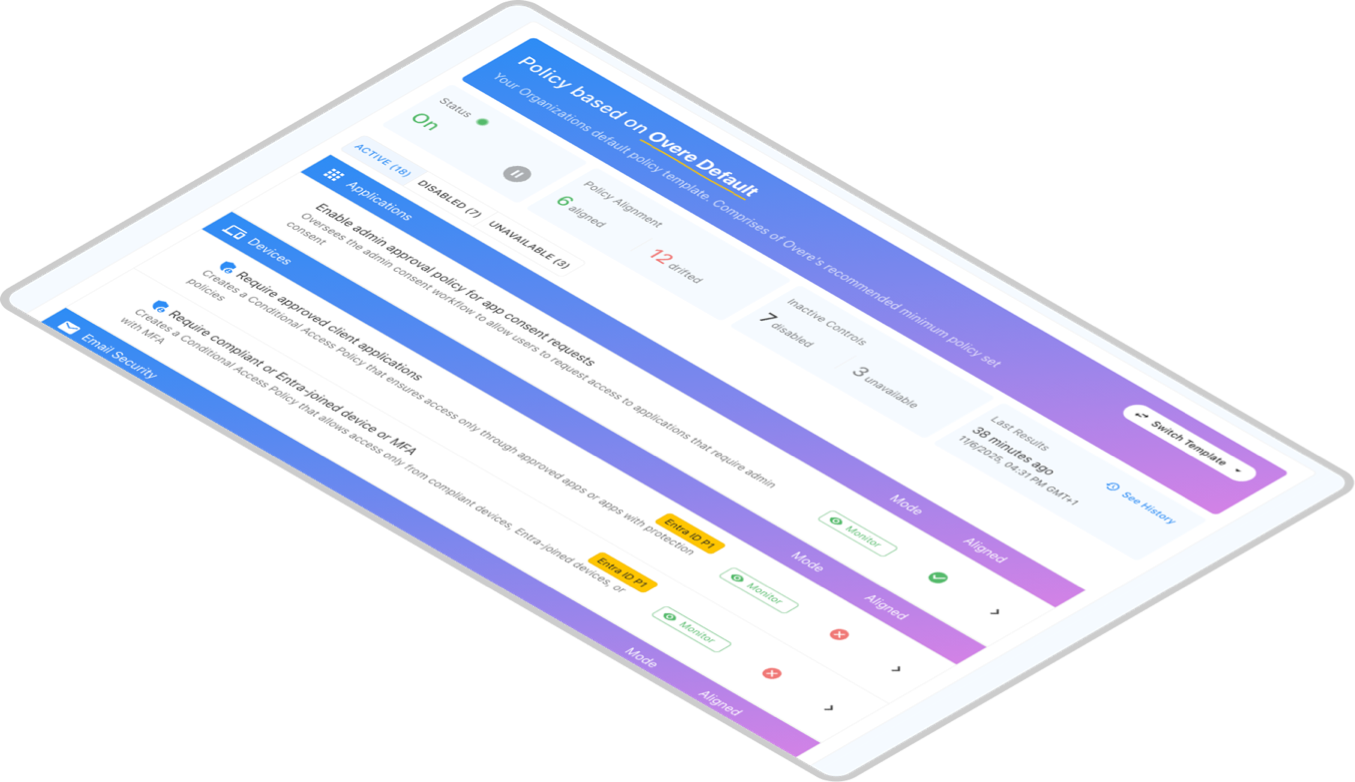 Dashboard showing policy status with sections for Applications and Devices, listing policy compliance, mode, and alignment details.