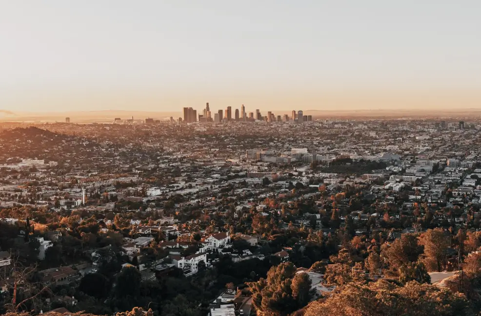 Wide aerial view of a sprawling cityscape with tall skyscrapers in the background and residential areas surrounded by trees in the foreground under a clear sky at sunset.