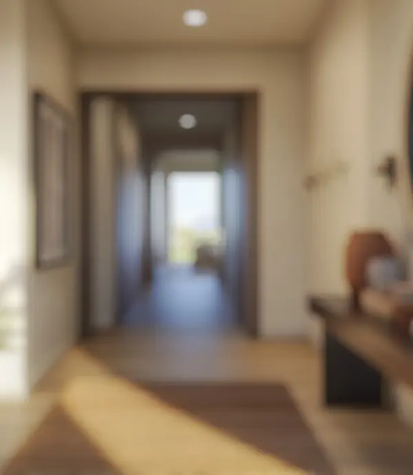 Blurred view of a hallway with light walls, a floor rug, and a console table with decorative items.