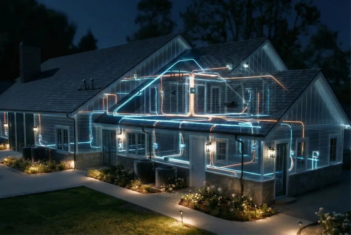 Night view of a house with illuminated digital lines illustrating an internal smart home network system.