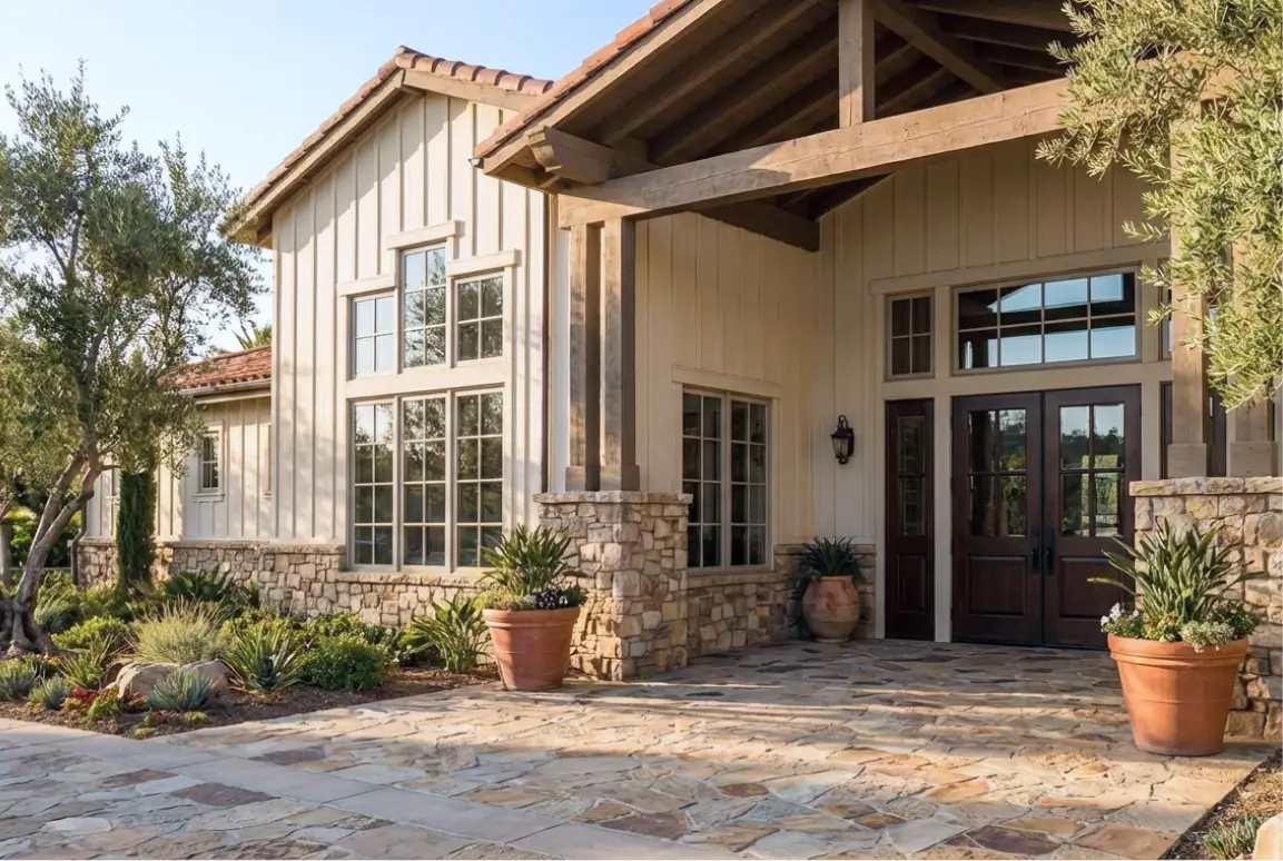 Entrance of a rustic community rec center with stone and wood exterior, large windows, potted plants, and a stone-paved porch.
