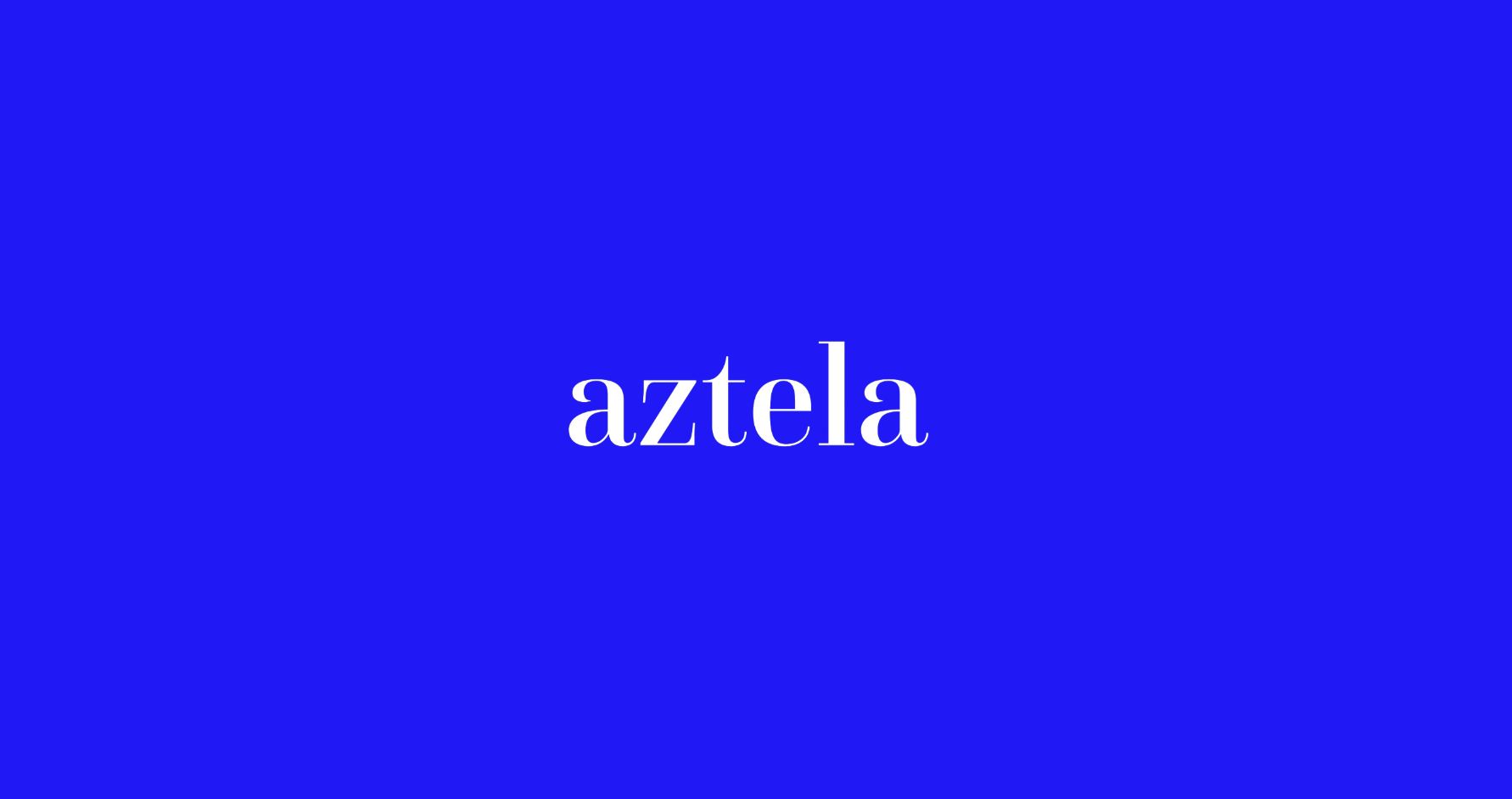 White text 'aztela' centered on a solid bright blue background.