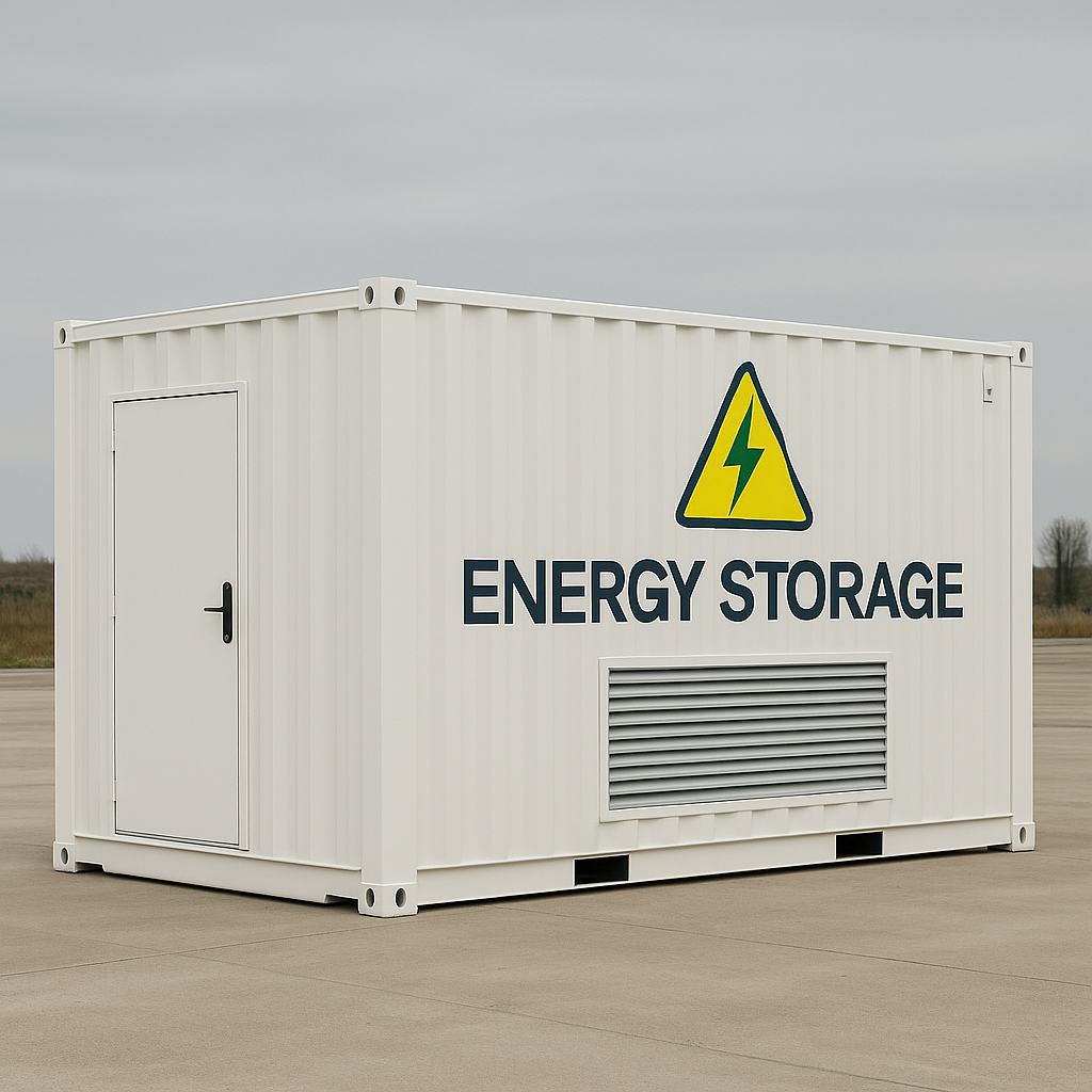 White metal container with a door and vent labeled 'ENERGY STORAGE' with a yellow lightning bolt warning sign.