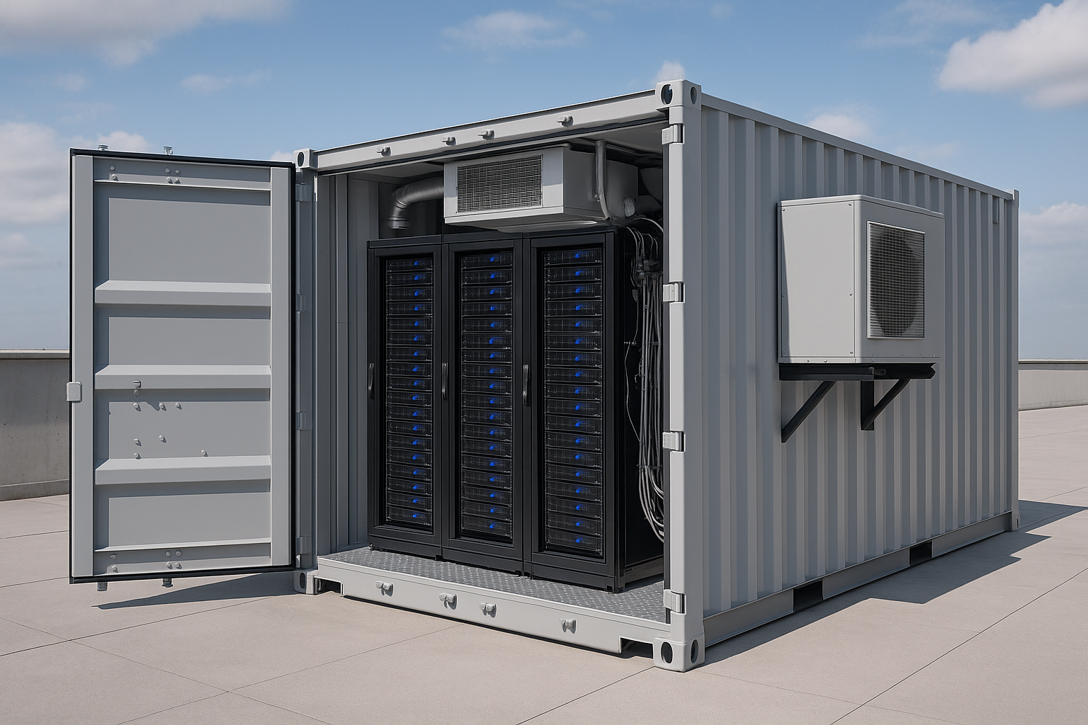 Open shipping container housing multiple server racks with cooling units on and inside the container on a rooftop.