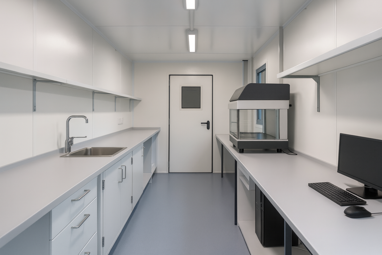 Clean laboratory room with white counters, cabinets, a sink on the left, a computer and equipment on the right, and a closed door at the end.
