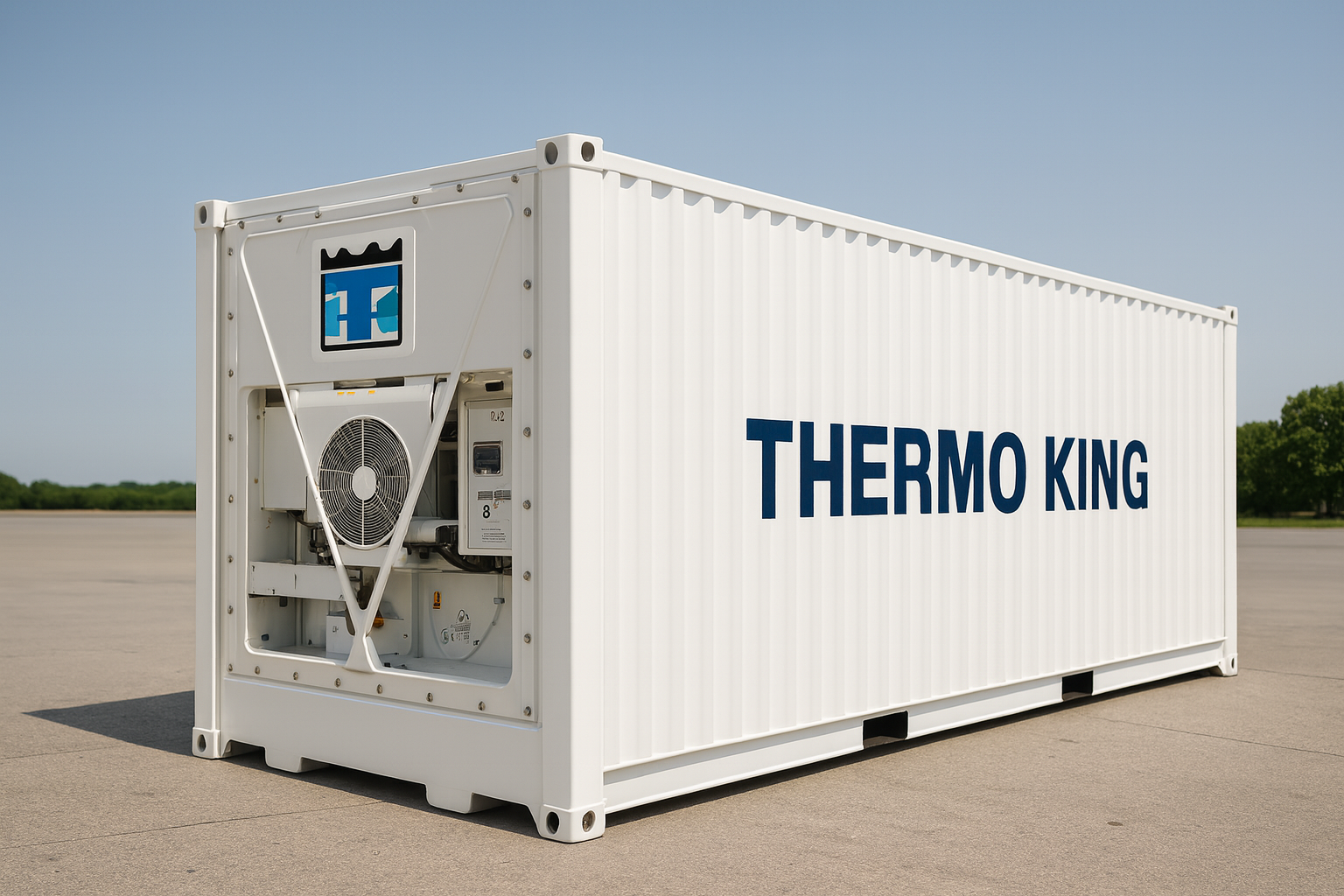 White refrigerated shipping container with 'THERMO KING' branding on the side, placed on a concrete surface under clear sky.