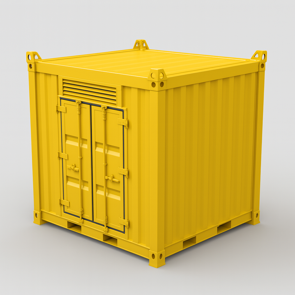Yellow metal shipping container with closed double doors and ventilation panel on plain background.