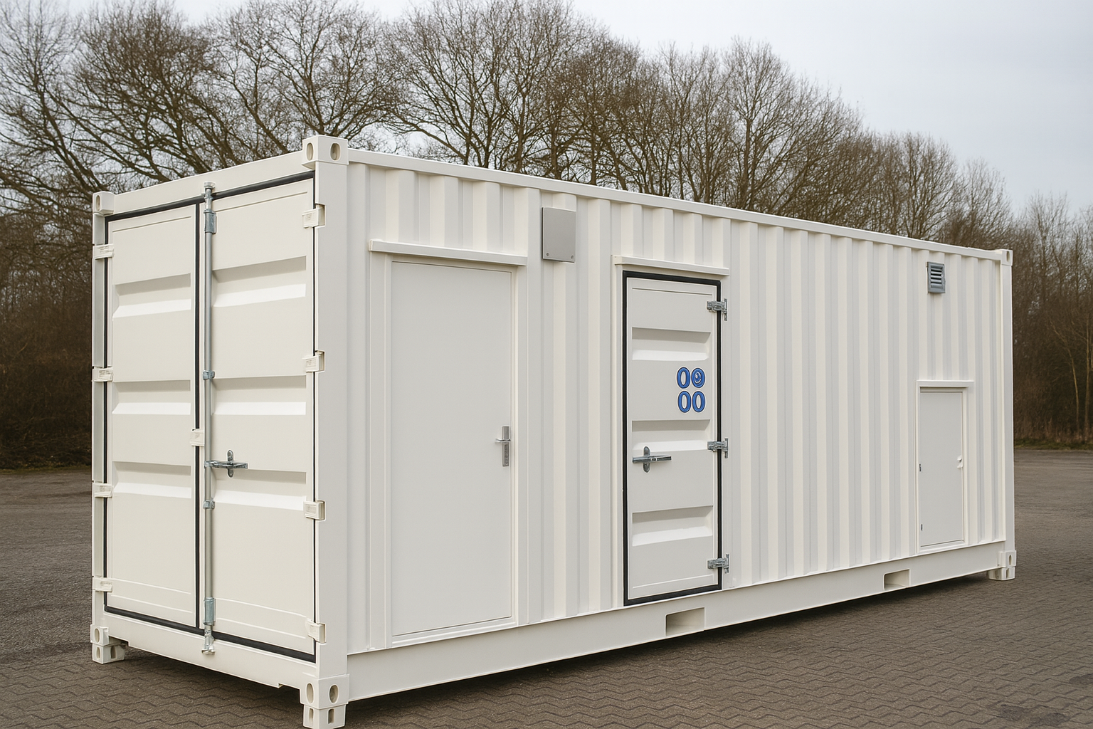 White modular container unit with three doors, standing on paved ground with leafless trees in the background.
